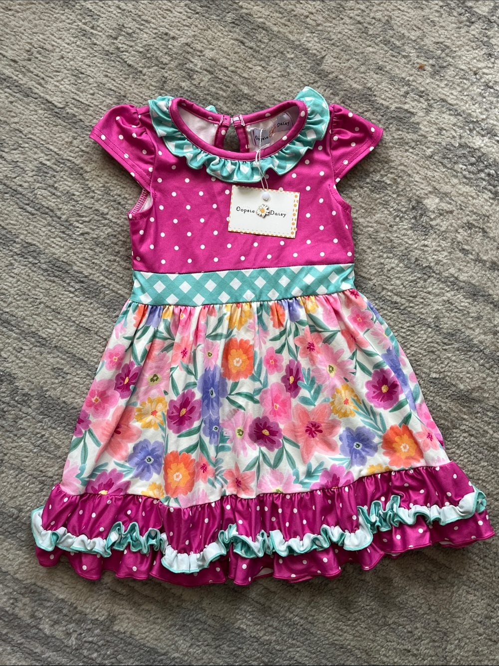 Oopsie Daisy Fuchsia Polka Dot Floral Ruffle Dress